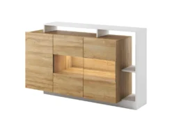 Buffet 3 Portes Et 3 Niches - Avec LEDs - Coloris : Naturel Et Blanc - IDESIA -Meubles Soldes Magasin buffet 4417643