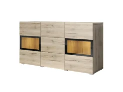 Buffet 2 Portes Et 3 Tiroirs Collection RAMOS. Éclairage LED Intégré. Coloris Chêne Et Noir.