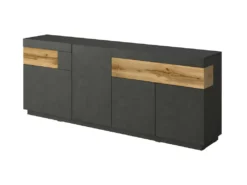 Buffet, Bahut, Enfilade KILES Trois Portes, Deux Tiroirs. Coloris Gris Anthracite Et Chêne. Style Design.