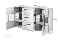 Buffet 180cm Collection BREDA Deux Portes Partiellement Vitrées Et Trois Tiroirs. Coloris Blanc.