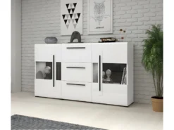 Buffet 180cm Collection BREDA Deux Portes Partiellement Vitrées Et Trois Tiroirs. Coloris Blanc. -Meubles Soldes Magasin buffet 8932839