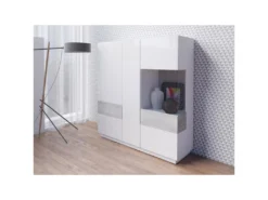 Buffet Haut KILES Trois Portes Avec LED. Coloris Blanc Et Gris. Style Design -Meubles Soldes Magasin buffet 8933083