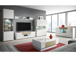 Buffet 160cm Collection OHIO. Coloris Blanc Et Chêne. LED Incluses -Meubles Soldes Magasin buffet 8933219