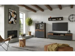 Buffet Haut Collection WINDSOR. Coloris Gris Anthracite Et Chêne Foncé. -Meubles Soldes Magasin buffet 8934035