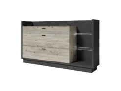 Buffet Design XL 200cm. Collection CORK 3 Tiroirs Et étagères Avec LED Intégrée. Coloris Gris Et Pin.