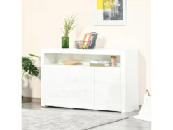 HOMCOM Buffet LED - Meuble De Rangement LED - 3 Placards Avec étagère Et Grande Niche - Panneaux Particules MDF Blanc Laqué