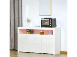 HOMCOM Buffet LED - Meuble De Rangement LED - 3 Placards Avec étagère Et Grande Niche - Panneaux Particules MDF Blanc Laqué -Meubles Soldes Magasin buffet 9520793