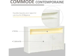 HOMCOM Buffet LED - Meuble De Rangement LED - 3 Placards Avec étagère Et Grande Niche - Panneaux Particules MDF Blanc Laqué -Meubles Soldes Magasin buffet 9520795