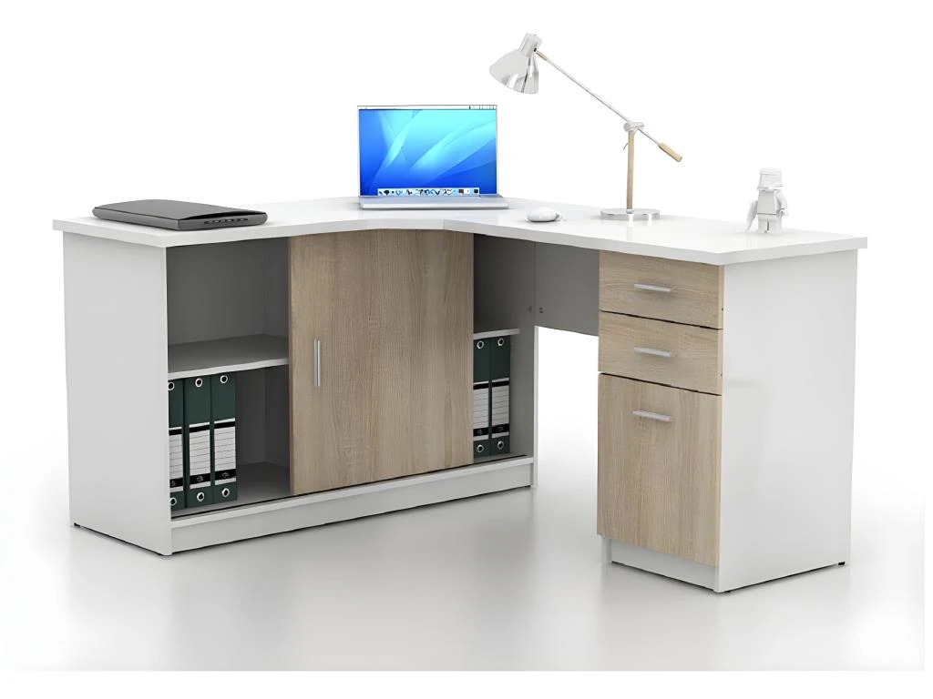 Bureau D'angle NORWY - 2 Portes & 2 Tiroirs - Blanc Et Chêne 2 Bureau D'angle NORWY - 2 Portes & 2 Tiroirs - Blanc Et Chêne – Image 2