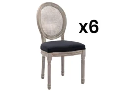 Lot De 6 Chaises - Cannage, Tissu Et Bois D'hévéa - Noir - ANTOINETTE