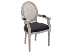 Lot De 6 Chaises Avec Accoudoirs - Cannage, Tissu Et Bois D'hévéa - Noir - ANTOINETTE -Meubles Soldes Magasin chaise 11210673