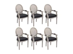 Lot De 6 Chaises Avec Accoudoirs - Cannage, Tissu Et Bois D'hévéa - Noir - ANTOINETTE -Meubles Soldes Magasin chaise 11210679
