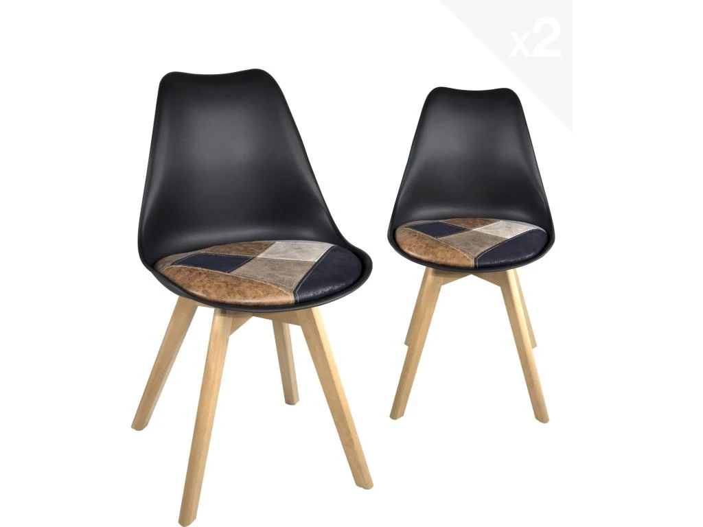 Lot 2 Chaises Scandinaves Coussin Patchwork LAO (Marron) 1 Lot 2 Chaises Scandinaves Coussin Patchwork LAO (Marron)
