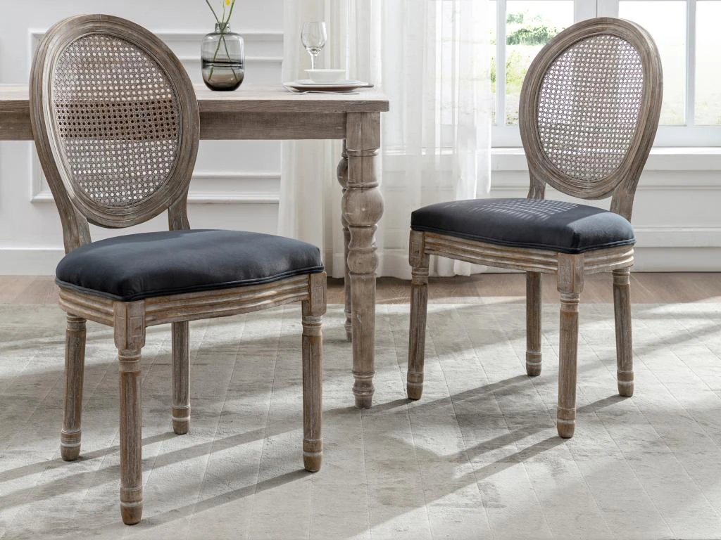 Lot De 2 Chaises - Cannage, Velours Et Bois D'hévéa - Gris - ANTOINETTE 2 Lot De 2 Chaises - Cannage, Velours Et Bois D'hévéa - Gris - ANTOINETTE – Image 2