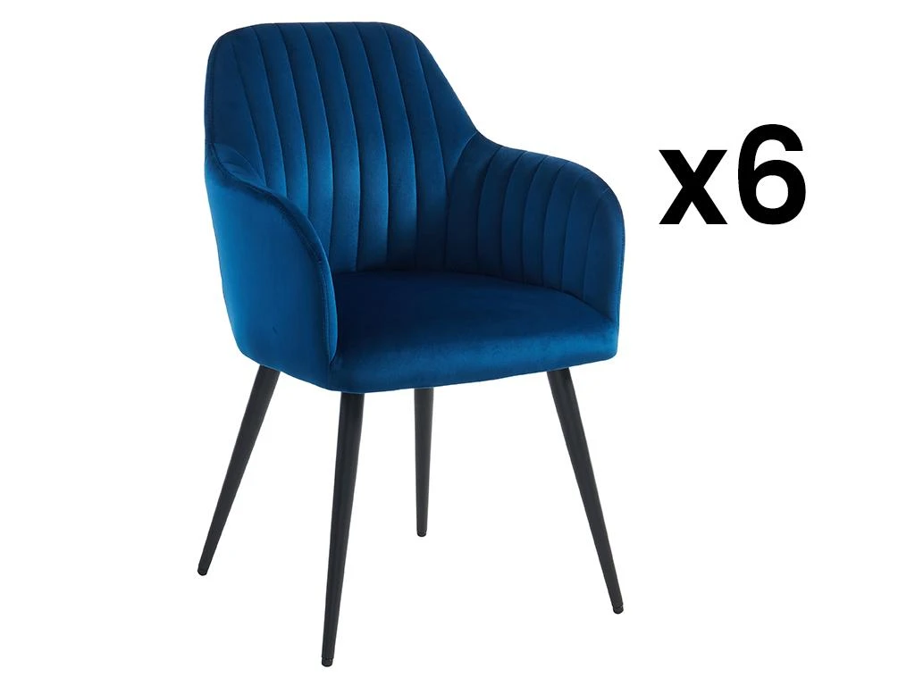 Lot De 6 Chaises Avec Accoudoirs En Velours Et Métal Noir - Bleu - ELEANA 1 Lot De 6 Chaises Avec Accoudoirs En Velours Et Métal Noir - Bleu - ELEANA