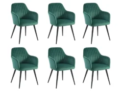 Lot De 6 Chaises Avec Accoudoirs En Velours Et Métal Noir - Vert - ELEANA -Meubles Soldes Magasin chaise 12291429