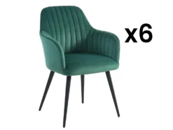 Lot De 6 Chaises Avec Accoudoirs En Velours Et Métal Noir - Vert - ELEANA