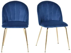 Lot De 2 Chaises Style Art-déco Dossier Strié Arrondi Piètement Métal Doré Incliné Effilé Velours Bleu Roi -Meubles Soldes Magasin chaise 12446427