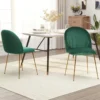 Lot De 2 Chaises Style Art-déco Dossier Strié Arrondi Piètement Métal Doré Incliné Effilé Velours Vert Sapin