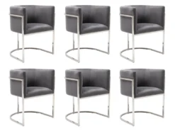 Lot De 6 Chaises Avec Accoudoirs - Velours Et Acier Inoxydable - Gris Et Chromé - PERIA De Pascal MORABITO -Meubles Soldes Magasin chaise 13885597