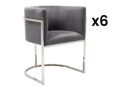 Lot De 6 Chaises Avec Accoudoirs - Velours Et Acier Inoxydable - Gris Et Chromé - PERIA De Pascal MORABITO
