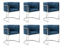 Lot De 6 Chaises Avec Accoudoirs - Velours Et Acier Inoxydable - Bleu Et Chromé - PERIA De Pascal MORABITO -Meubles Soldes Magasin chaise 13888141