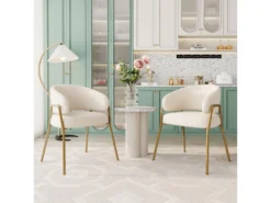 Lot De 2 Chaises - Tissu En Sherpa - Pieds Dorés - Beige