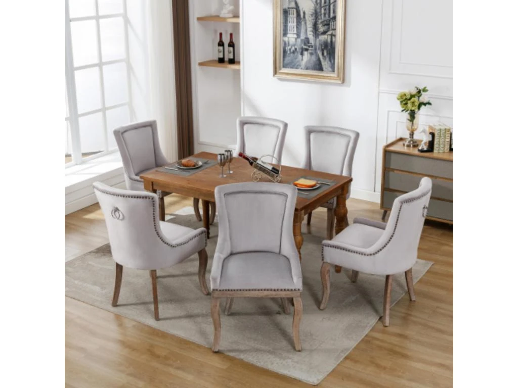 Lot De 6 Chaises En Velours - Avec Pieds En Bois Massif - Gris 1 Lot De 6 Chaises En Velours - Avec Pieds En Bois Massif - Gris