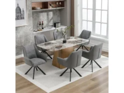 Lot De 6 Chaises En Velours Et Similicuir - Pieds En Métal - Gris