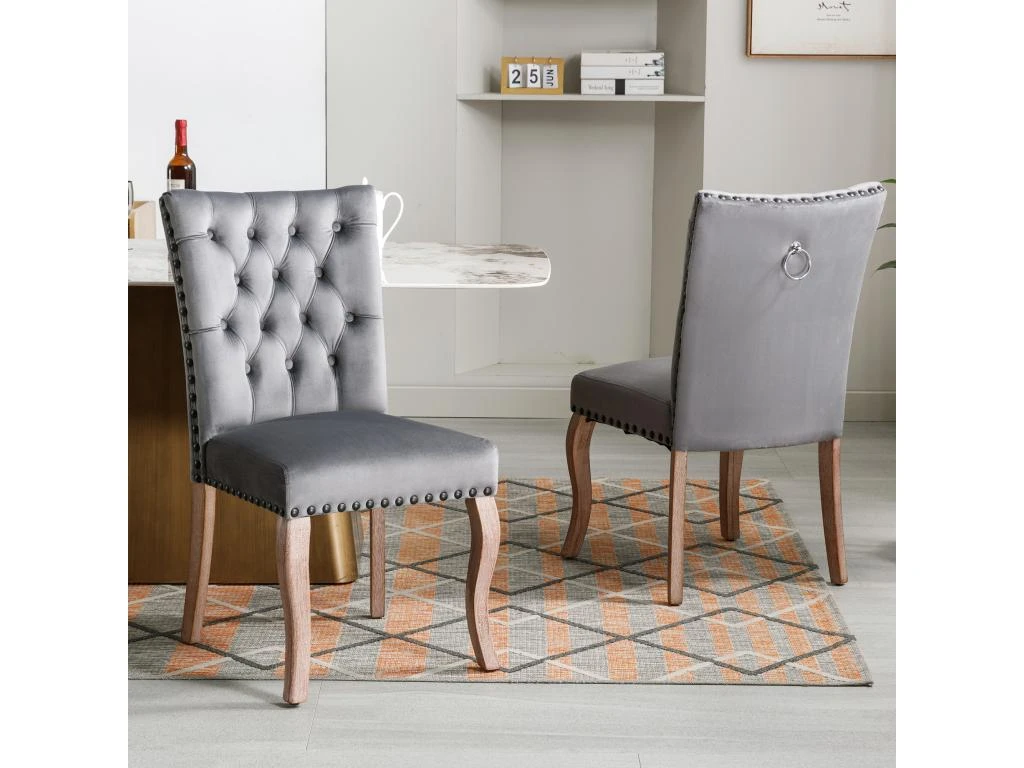 Lot De 2 Chaises Capitonné En Velours - Cadre En Bois Massif - Gris 1 Lot De 2 Chaises Capitonné En Velours - Cadre En Bois Massif - Gris