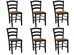 Lot De 6 Chaises PAYSANNE - Hêtre Massif Teinté Noir, Paille De Riz -Meubles Soldes Magasin chaise 285049