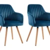 Lot De 2 Chaises Avec Accoudoirs - Velours Et Métal Effet Bois - Bleu - ELEANA