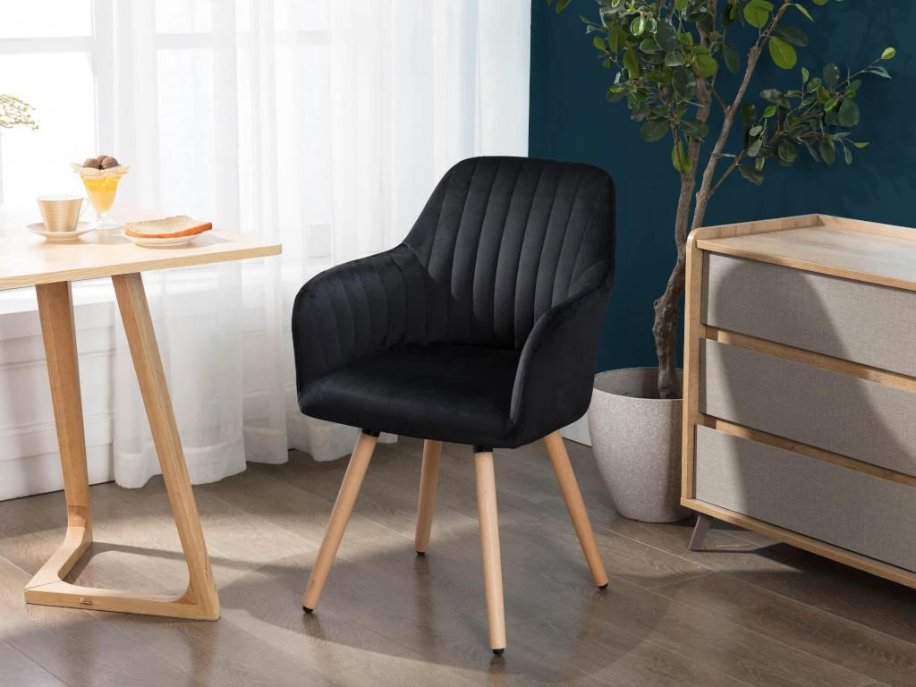 Chaise Avec Accoudoirs - Velours Et Métal Effet Bois - Noir - ELEANA 2 Chaise Avec Accoudoirs - Velours Et Métal Effet Bois - Noir - ELEANA – Image 2