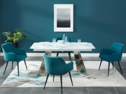 Lot De 6 Chaises - Avec Accoudoirs - Tissu Et Métal - Bleu - HEKA 17 Lot De 6 Chaises - Avec Accoudoirs - Tissu Et Métal - Bleu - HEKA -Meubles Soldes Magasin chaise 393437