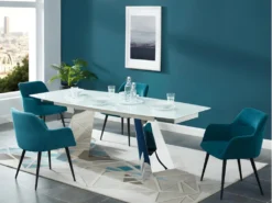 Lot De 6 Chaises - Avec Accoudoirs - Tissu Et Métal - Bleu - HEKA 16 Lot De 6 Chaises - Avec Accoudoirs - Tissu Et Métal - Bleu - HEKA -Meubles Soldes Magasin chaise 393439