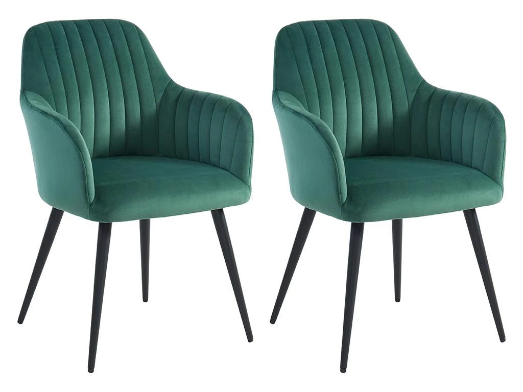 Lot De 2 Chaises Avec Accoudoirs En Velours Et Métal Noir - Vert - ELEANA 1 Lot De 2 Chaises Avec Accoudoirs En Velours Et Métal Noir - Vert - ELEANA