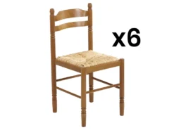 Lot De 6 Chaises JEANNE - Hêtre Massif & Assise Paille De Riz
