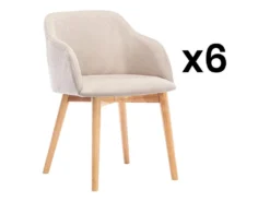 Lot De 6 Chaises Avec Accoudoirs - Tissu Et Hévéa - Beige - JELISA