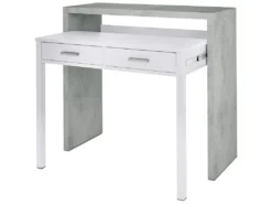Table Console Billings, Bureau Avec Plateau Extensible, Bureau PC Avec 2 Tiroirs, 99x36h88 Cm, Ciment Et Blanc