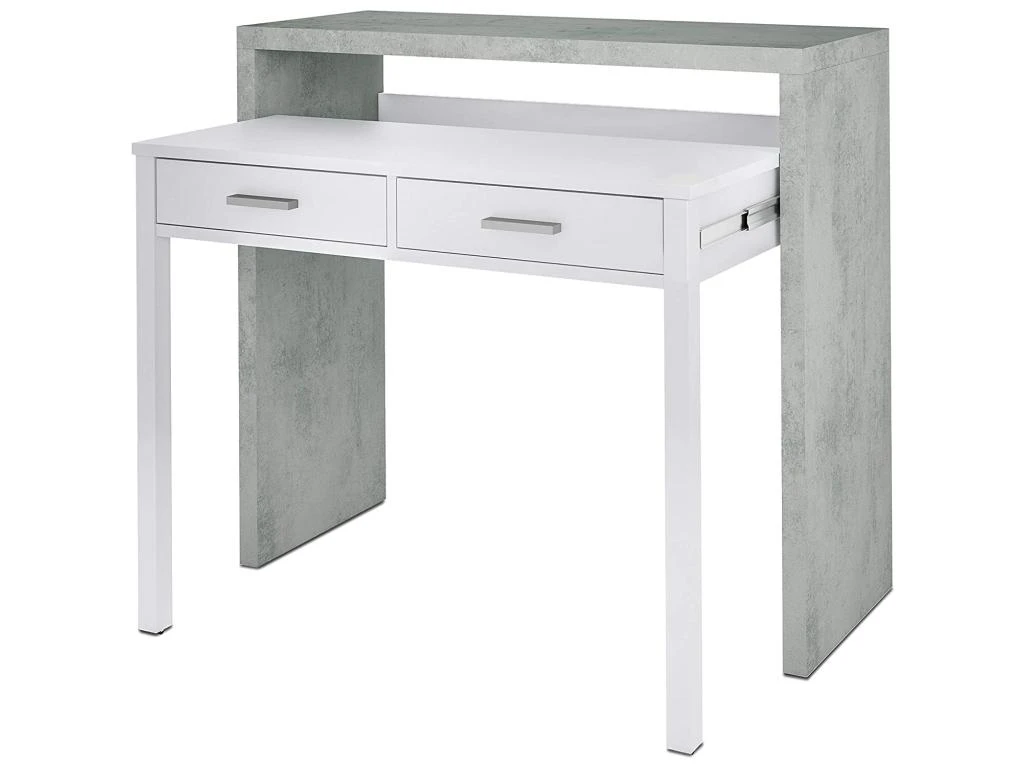 Table Console Billings, Bureau Avec Plateau Extensible, Bureau PC Avec 2 Tiroirs, 99x36h88 Cm, Ciment Et Blanc 1 Table Console Billings, Bureau Avec Plateau Extensible, Bureau PC Avec 2 Tiroirs, 99x36h88 Cm, Ciment Et Blanc
