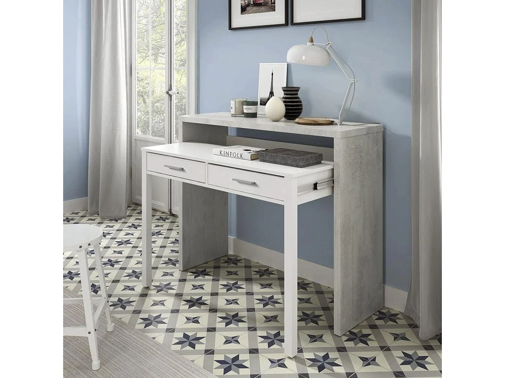 Table Console Billings, Bureau Avec Plateau Extensible, Bureau PC Avec 2 Tiroirs, 99x36h88 Cm, Ciment Et Blanc 2 Table Console Billings, Bureau Avec Plateau Extensible, Bureau PC Avec 2 Tiroirs, 99x36h88 Cm, Ciment Et Blanc – Image 2