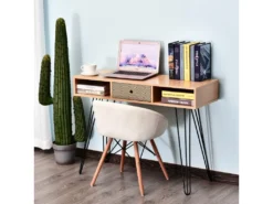 Table D'appoint Console Design Scandinave Graphique Dim. 100L X 35l X 75H Cm 2 Niches Tiroir Pieds Effilés Acier Noir Panneaux Particules Chêne