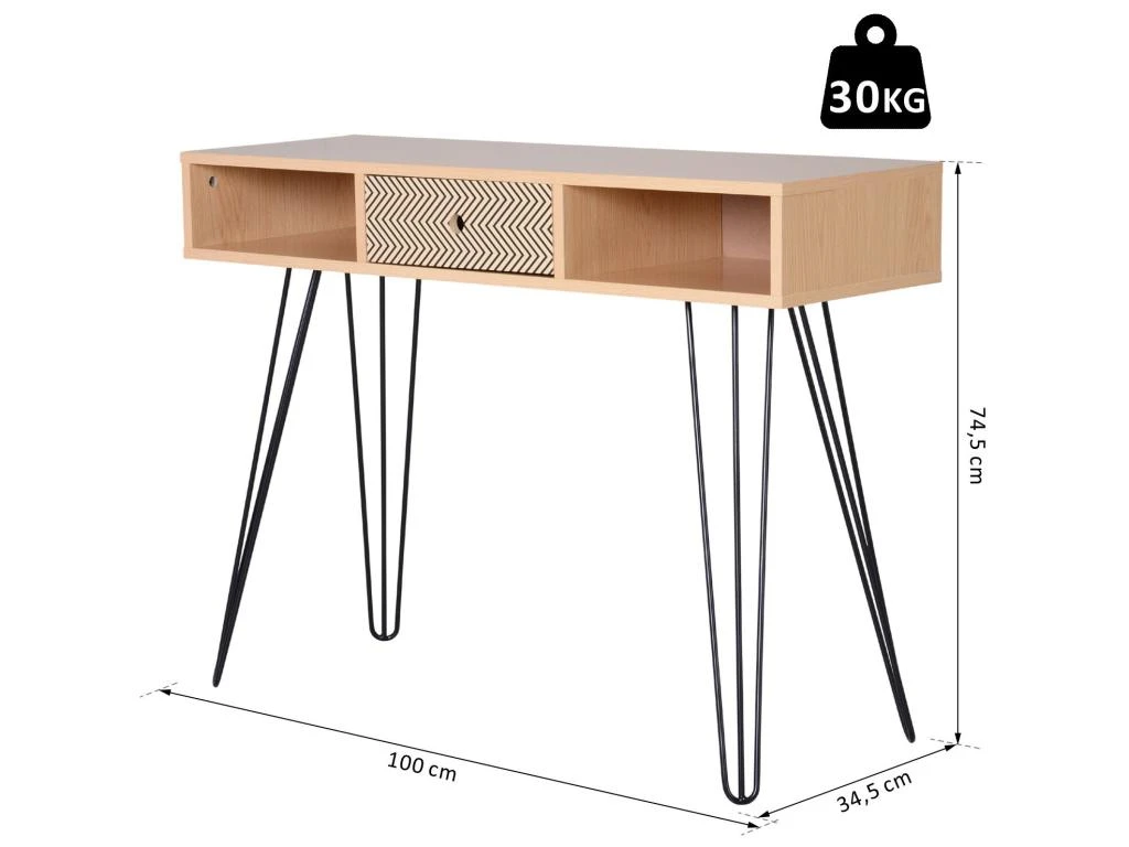 Table D'appoint Console Design Scandinave Graphique Dim. 100L X 35l X 75H Cm 2 Niches Tiroir Pieds Effilés Acier Noir Panneaux Particules Chêne 3 Table D'appoint Console Design Scandinave Graphique Dim. 100L X 35l X 75H Cm 2 Niches Tiroir Pieds Effilés Acier Noir Panneaux Particules Chêne – Image 3