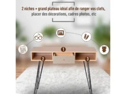 Table D'appoint Console Design Scandinave Graphique Dim. 100L X 35l X 75H Cm 2 Niches Tiroir Pieds Effilés Acier Noir Panneaux Particules Chêne 8 Table D'appoint Console Design Scandinave Graphique Dim. 100L X 35l X 75H Cm 2 Niches Tiroir Pieds Effilés Acier Noir Panneaux Particules Chêne -Meubles Soldes Magasin console 12629117