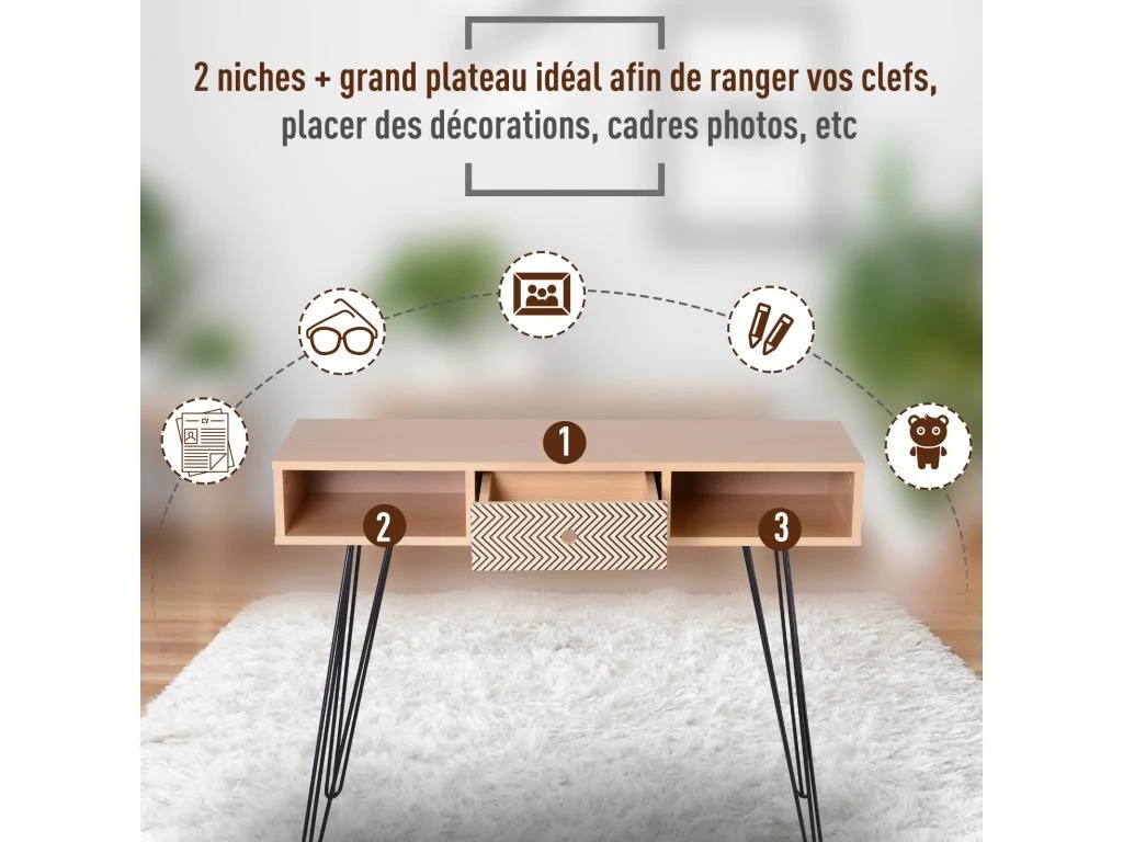 Table D'appoint Console Design Scandinave Graphique Dim. 100L X 35l X 75H Cm 2 Niches Tiroir Pieds Effilés Acier Noir Panneaux Particules Chêne 4 Table D'appoint Console Design Scandinave Graphique Dim. 100L X 35l X 75H Cm 2 Niches Tiroir Pieds Effilés Acier Noir Panneaux Particules Chêne – Image 4