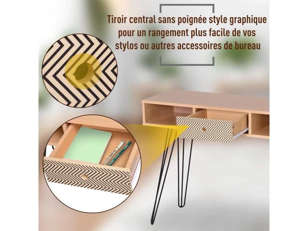 Table D'appoint Console Design Scandinave Graphique Dim. 100L X 35l X 75H Cm 2 Niches Tiroir Pieds Effilés Acier Noir Panneaux Particules Chêne 5 Table D'appoint Console Design Scandinave Graphique Dim. 100L X 35l X 75H Cm 2 Niches Tiroir Pieds Effilés Acier Noir Panneaux Particules Chêne – Image 5