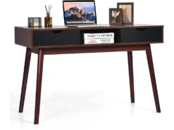 Bureau D'ordinateur, Bureau Pc 120 Cm, Avec 2 Tiroirs Et Compartiment De Rangement Ouvert