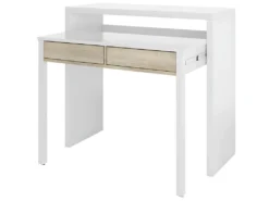 Table Console Billings, Bureau Avec Plateau Extensible, Bureau PC Avec 2 Tiroirs, 99x36h88 Cm, Blanc Et Chêne
