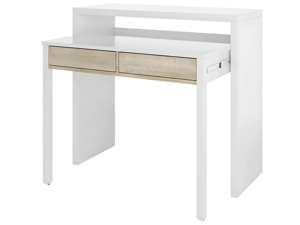 Table Console Billings, Bureau Avec Plateau Extensible, Bureau PC Avec 2 Tiroirs, 99x36h88 Cm, Blanc Et Chêne 1 Table Console Billings, Bureau Avec Plateau Extensible, Bureau PC Avec 2 Tiroirs, 99x36h88 Cm, Blanc Et Chêne