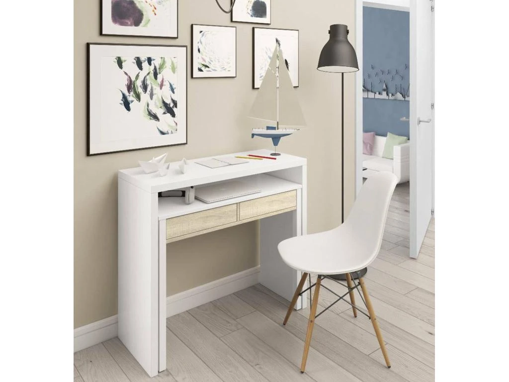 Table Console Billings, Bureau Avec Plateau Extensible, Bureau PC Avec 2 Tiroirs, 99x36h88 Cm, Blanc Et Chêne 2 Table Console Billings, Bureau Avec Plateau Extensible, Bureau PC Avec 2 Tiroirs, 99x36h88 Cm, Blanc Et Chêne – Image 2